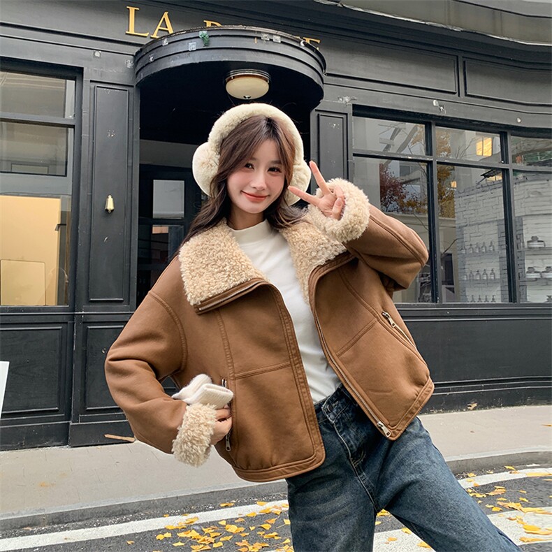 韩版时尚机车风皮毛一体外套女2025冬季新款显瘦加厚加绒棉服棉袄,女装短外套,纯色衣恋