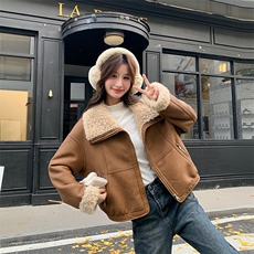 韩版时尚机车风皮毛一体外套女2025冬季新款显瘦加厚加绒棉服棉袄，女装短外套，纯色衣恋