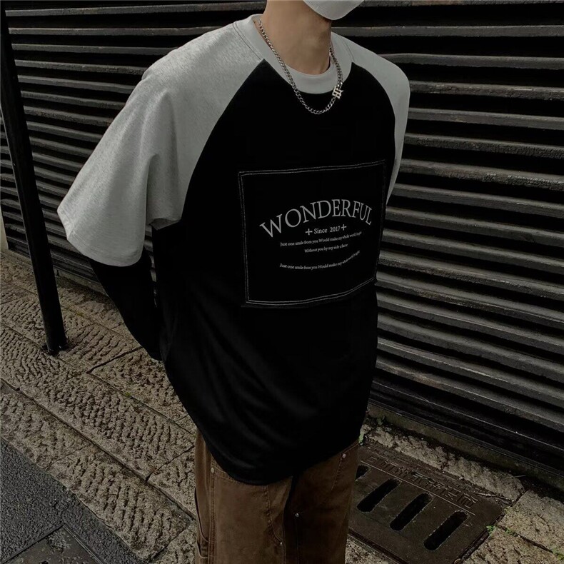 Q325-P35夏季撞色拼接短袖字母印花上衣港风个性T恤男女同款,男装T恤,星座911-1