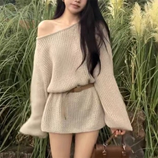 法式气质一字肩腰带针织衫女早秋新款慵懒风时尚洋气百搭外穿罩衫，女装针织衫/毛衣，萱芳婷羊绒