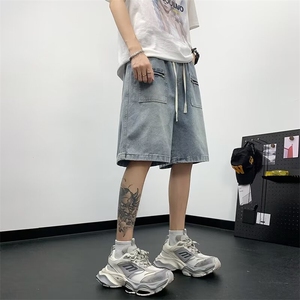 松紧腰牛仔短裤男夏季拉链设计感工装裤子直筒五分裤 D5152图片