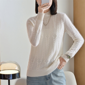 2025秋冬新款羊绒衫女100%纯羊绒高翻领厚款上衣宽松休息针织套衫图片