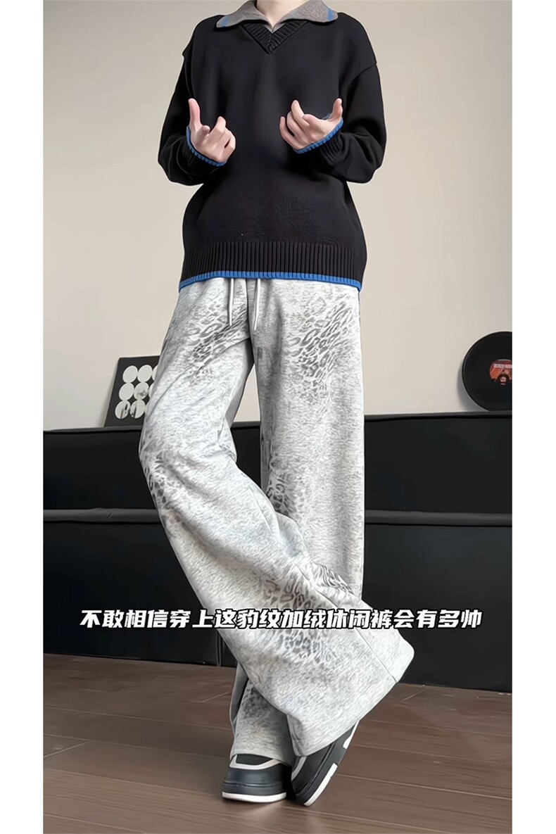 加绒卫裤豹纹休闲裤美式冬款宽松保暖运动裤男D52143-TP5098,男装休闲裤,电商A102
