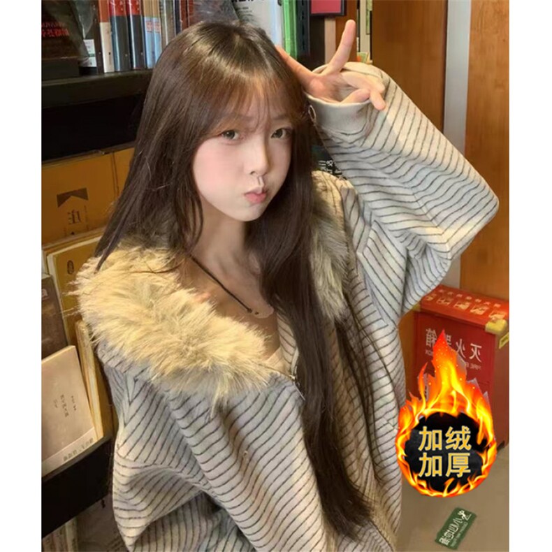 条纹连帽卫衣外套女秋冬季宽松毛领拉链开衫加厚上衣 W9039图片