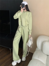 女秋季小清新时尚气质套装抽绳连帽卫衣阔腿卫裤两件套休闲运动潮，女装套装/套裙，江南