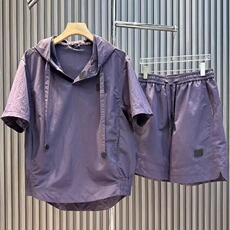 夏季轻薄透气纯色简约休闲连帽宽松两件套潮流男士套装短袖短裤，男装休闲套装，电商B212（原钱塘6029）