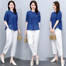 高端苎麻套装女装复古亚麻上衣2025新款夏季时尚休闲棉麻两件套裤,女装套装/套裙,凝聚力