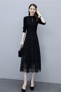 2023秋季新款半高领配花边四颗扣针织线衣蕾丝长款打底连衣裙，女装连衣裙，安之芮娜