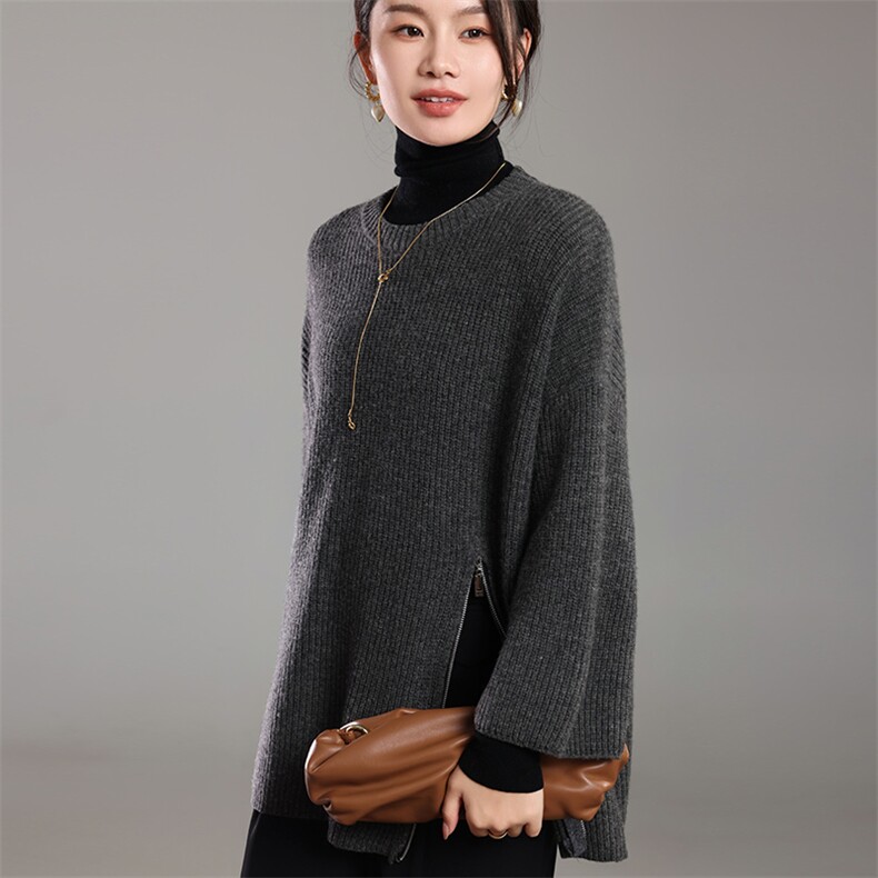 羊范轻奢保暖羊毛针织毛衣女圆领侧拉链上衣宽松开叉打底衫,女装羊毛衫,挚尚羊绒