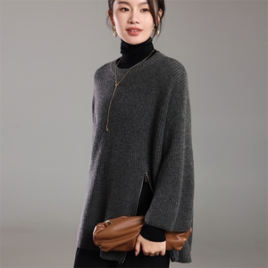 羊范轻奢保暖羊毛针织毛衣女圆领侧拉链上衣宽松开叉打底衫图片