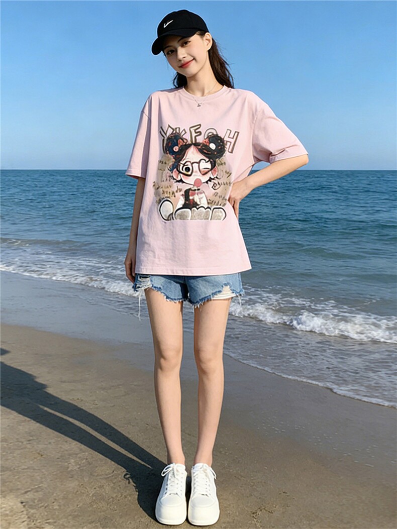 盐系穿搭休闲时尚套装女夏新款设计感圆领印花短袖牛仔短裤两件套,女装套装/套裙,江南