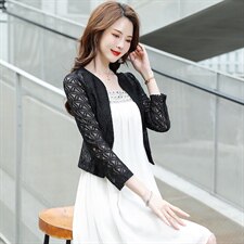 外搭配吊带裙子穿的小披肩春秋款夏季高贵旗袍开衫短款薄罩衫外套，女装蕾丝衫/雪纺衫，婵米儿