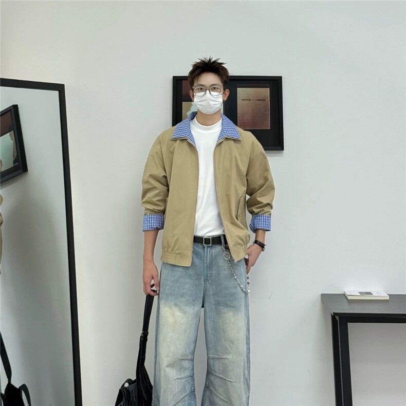 J513-P60格子拼接短款外套男工装风春夏2025新款小个子休闲,男装工装外套,电商B323A