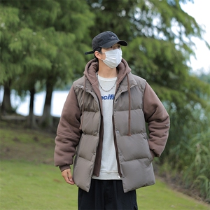 新款假两件棉服男加厚羽绒棉衣情侣款连帽拼色连帽外套M092-P75图片