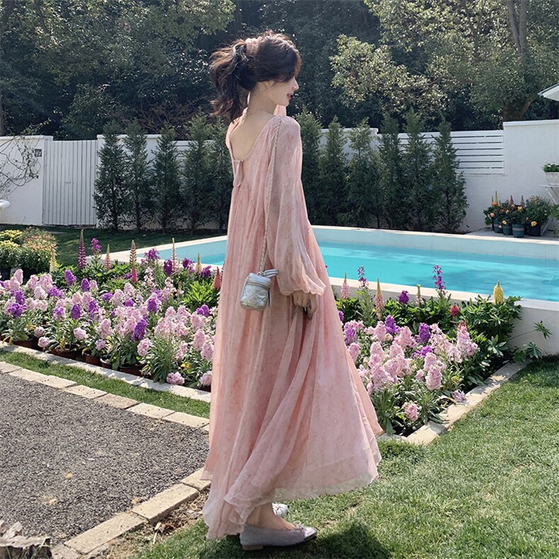 大码法式气质露背碎花雪纺连衣裙2025春季胖mm宽松收腰大摆长裙，女装连衣裙，浙宝220A