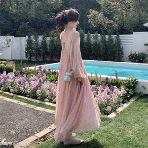 大码法式气质露背碎花雪纺连衣裙2025春季胖mm宽松收腰大摆长裙，女装连衣裙，浙宝220A