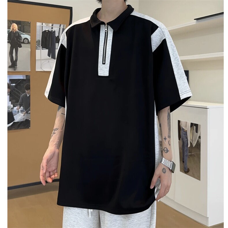 网图半拉链撞色拼接夏季潮男休闲短袖男女同款宽松T恤T2225-P38,男装T恤,星座1213