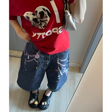 美式复古3D链条印花七分牛仔裤夏季高街设计感宽松显瘦阔腿短裤，男装牛仔裤，星座601-1