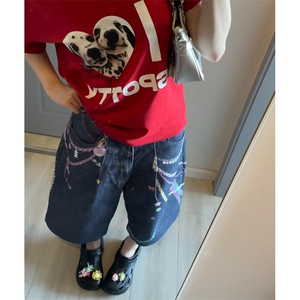 美式复古3D链条印花七分牛仔裤夏季高街设计感宽松显瘦阔腿短裤图片