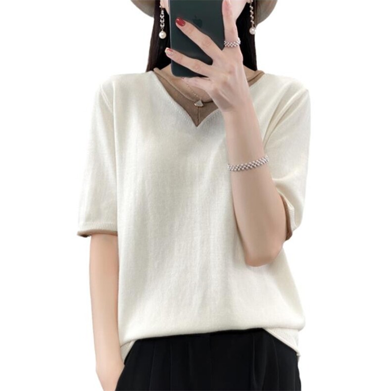 夏季新款100%纯棉拼色短袖t恤女假两件V领宽松棉麻针织衫半袖上衣,针织衫/毛衣,斯美雅电商供货