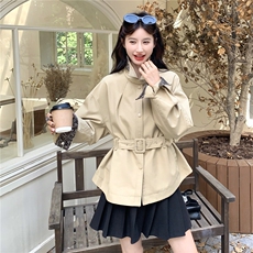 复古撞色拼接收腰显瘦风衣外套女春秋2025新款短款小个子流行大衣，女装风衣，2C135