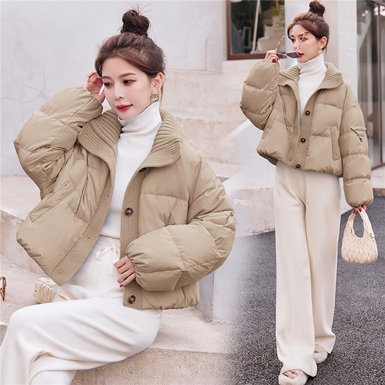 欧货高端针织拼接翻领短款羽绒服女2025冬新款时尚保暖白鸭绒外套,女装羽绒服,众宇琦