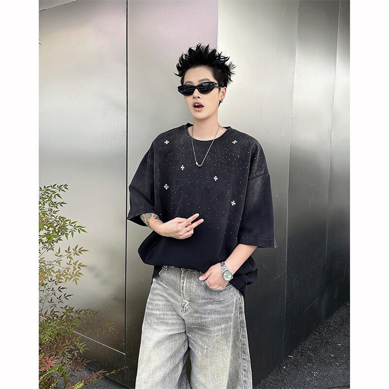 8XL-M满天星轻奢烫钻宽松版落肩纯棉短袖T恤新款夏百搭上衣DX337,男装T恤,电商D206-1