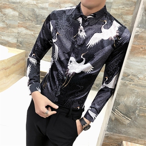 2021春款男个性数码印花衬衫英伦风修身夜店工作服长袖W313图片