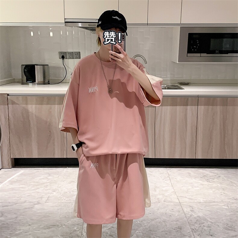 2026夏装华夫格拼接绣花休闲运动套装五分短裤TZ808/P65粉红,男装休闲套装,电商A094