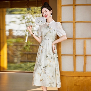 气质碎花连衣裙女2024年夏季新款文艺复古中长款水墨画假两件裙子,初高中夏天女生穿搭图片