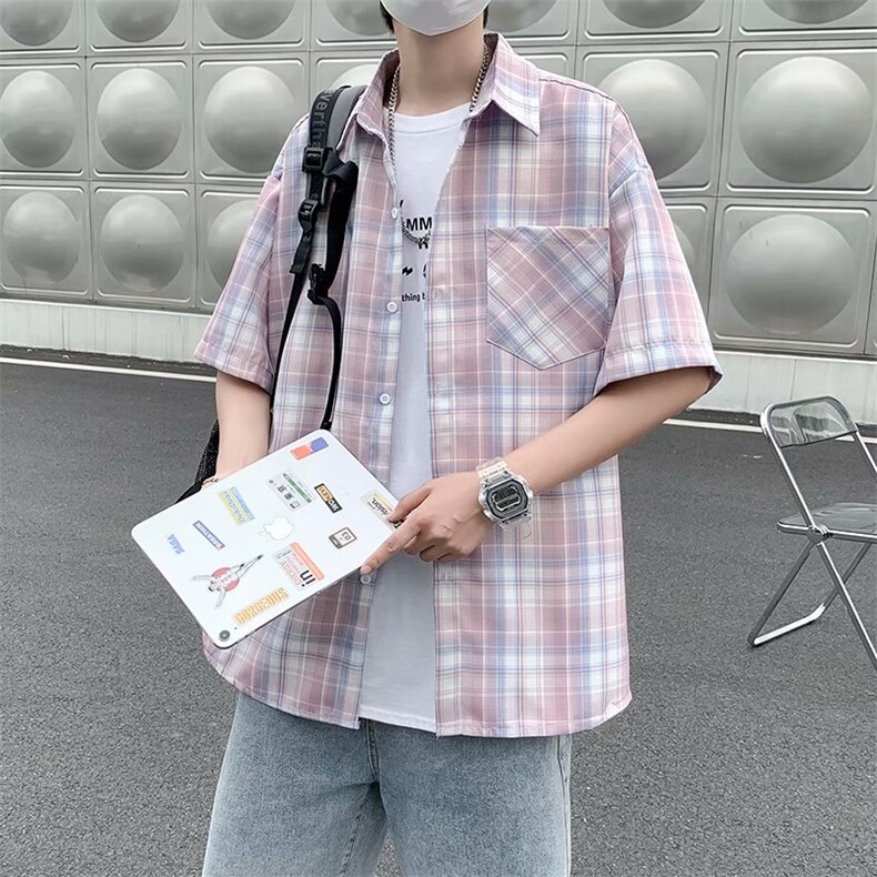 格子短袖衬衫男士夏季潮牌宽松百搭韩版潮流ins衬衣外套C1260-p32,男装衬衫,星座1008