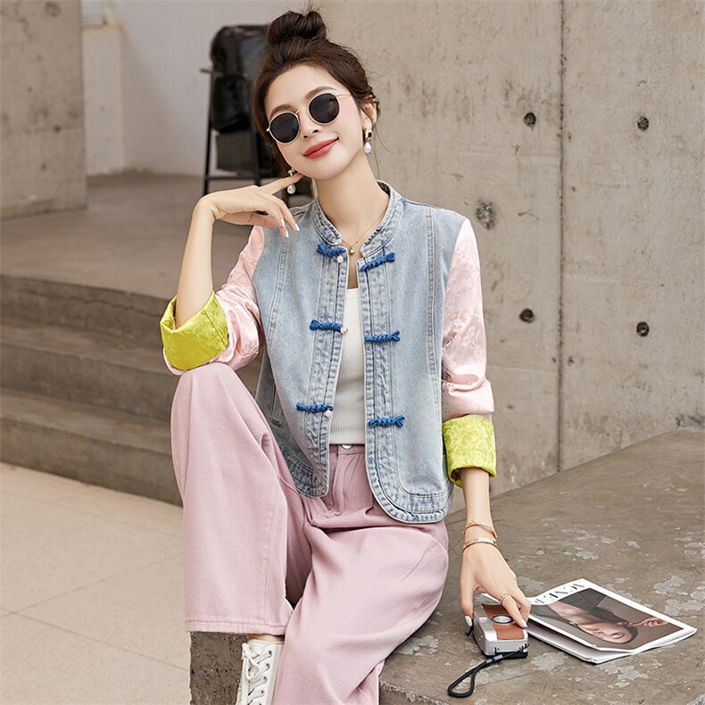 新中式盘扣牛仔外套女春季2024新款小个子短款牛仔外套，女装牛仔外套，涵墨