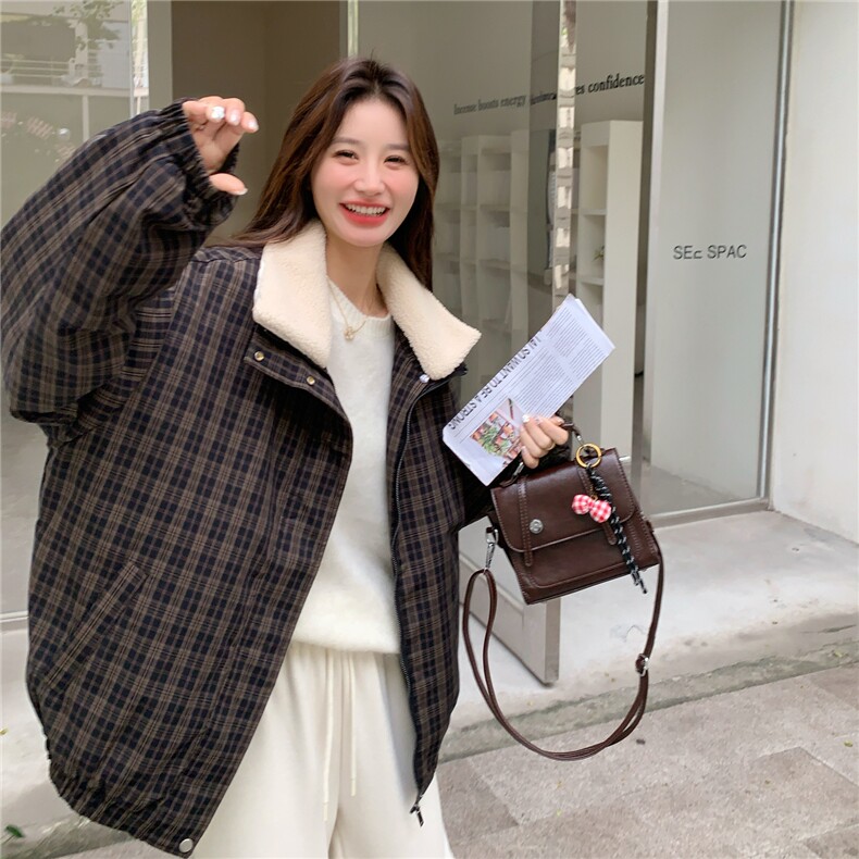 复古格子羊羔毛翻领羽绒服女2025冬季短款加厚面包服宽松保暖外套,女装羽绒服,艾米莉亚