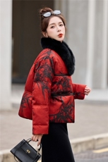 新中式时尚提花真狐狸毛短款羽绒服女2025年冬季新款外套90白鸭绒，女装羽绒服，润尚靓点
