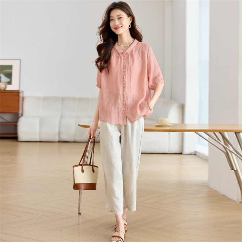 2025夏季苎麻时尚简约大方气质优雅刺绣休闲透气两件套，女装套装/套裙，独衣靓