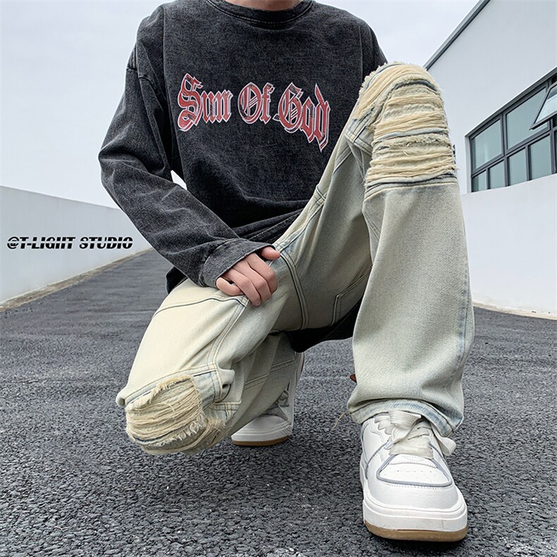 B221美式ins高街暗黑小众拉链破洞牛仔裤LK23052-P65控88,男装牛仔裤,电商B221
