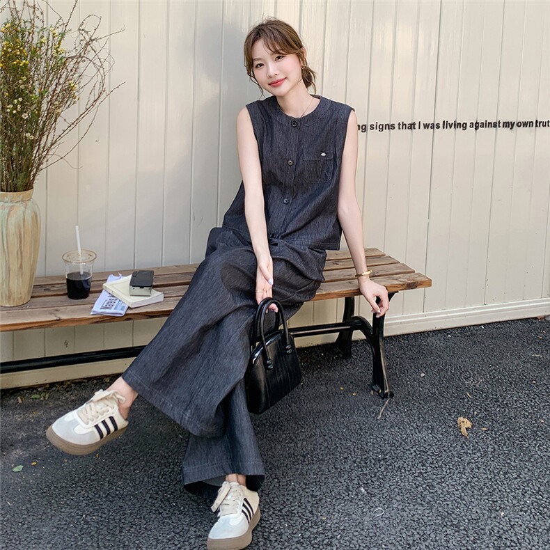 休闲气质牛仔马甲阔腿裤套装女夏2025新款ootd穿搭减龄两件套超火,女装套装/套裙,2C323