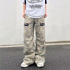 口袋拉链设计工装迷彩裤潮流街头嘻哈宽松垂感阔腿裤AAM128P62，男装工装外套，星座1013-5