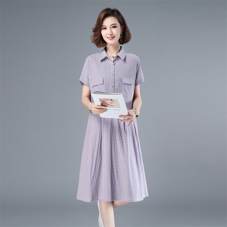 2021年夏季中长款格子套头A字裙妈妈装连衣裙POLO领韩版裙子高腰,女装连衣裙,伊满意