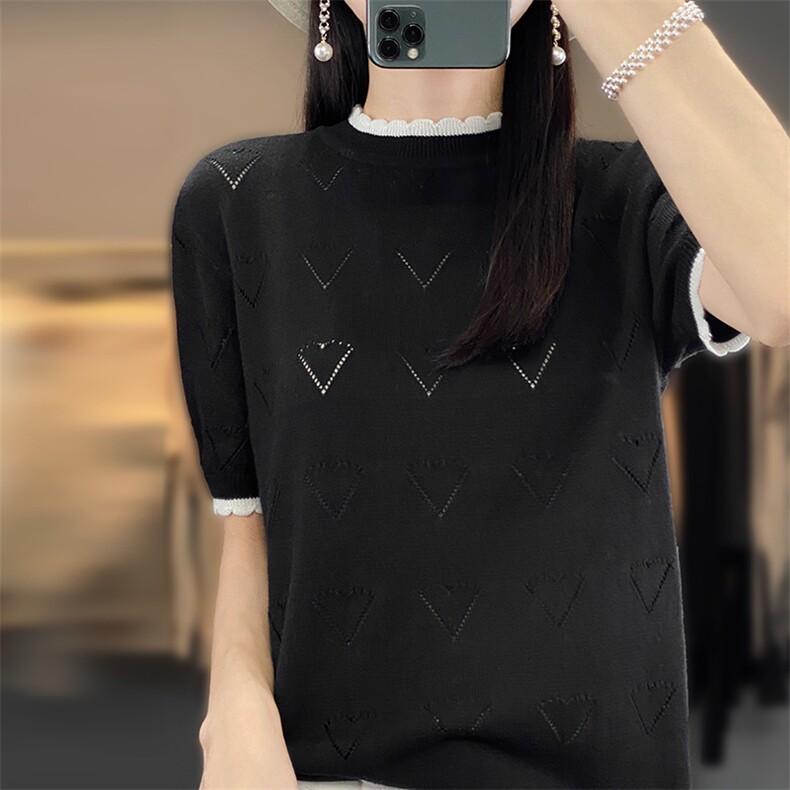 100%纯棉针织短袖女圆领爱心镂空半袖打底毛衣宽松拼色内搭T恤衫,针织衫/毛衣,郡淞羊绒