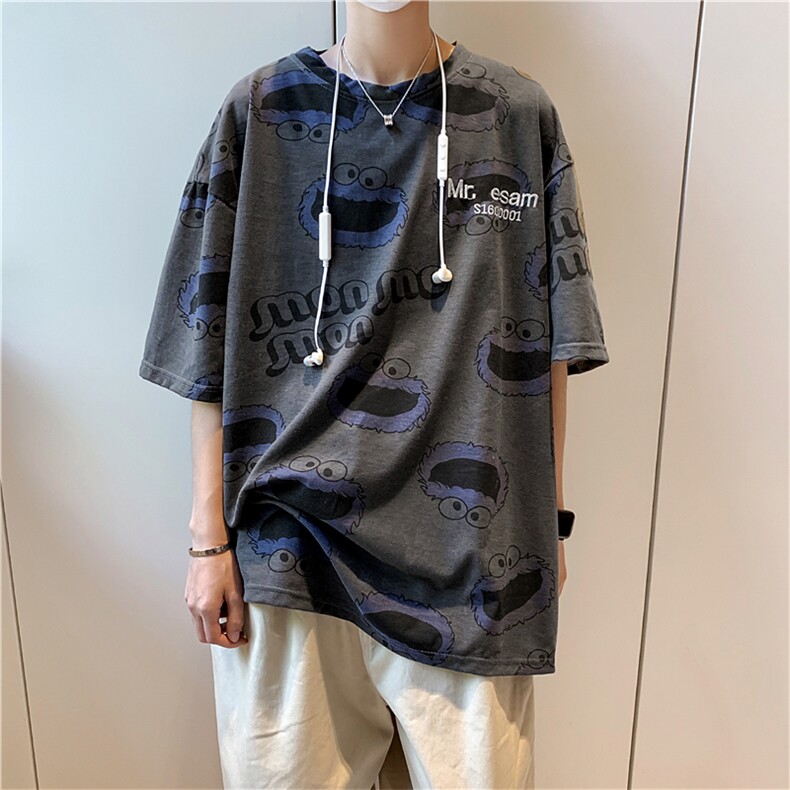 夏季港风卡通印花中长款休闲短袖男女慵懒风百搭宽松T恤TX20-P18，男装T恤，星座1008-2