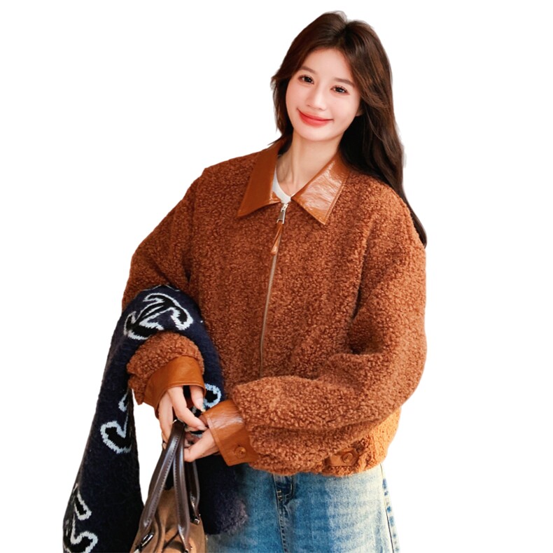 小个子撞色拼接羊羔毛加厚棉服皮毛一体外套2C325-563P175K268,女装短外套,2C325