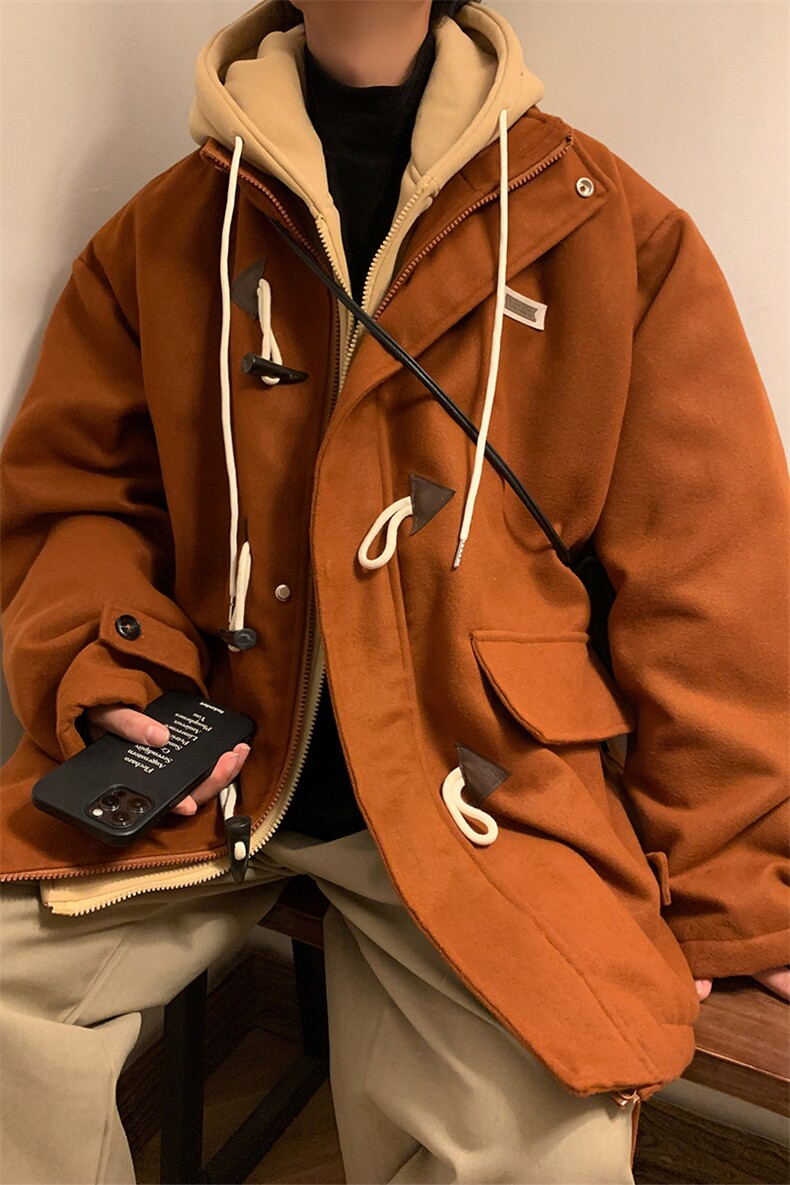 EQ160冬季呢大衣男假两件牛角扣撞色毛呢外套小众设计感棉衣P148,男装棉衣,电商C306-1