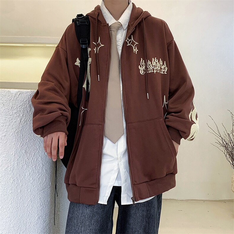 开衫连帽卫衣男春秋美式高街潮牌毛巾绣运动外套情侣款WY095-P32图片
