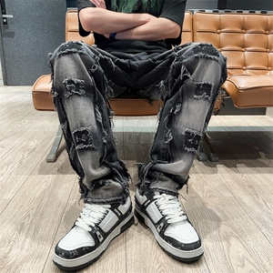 暗黑复古补丁破洞拼接牛仔裤男高街美式水洗做旧直筒N03302-P63图片