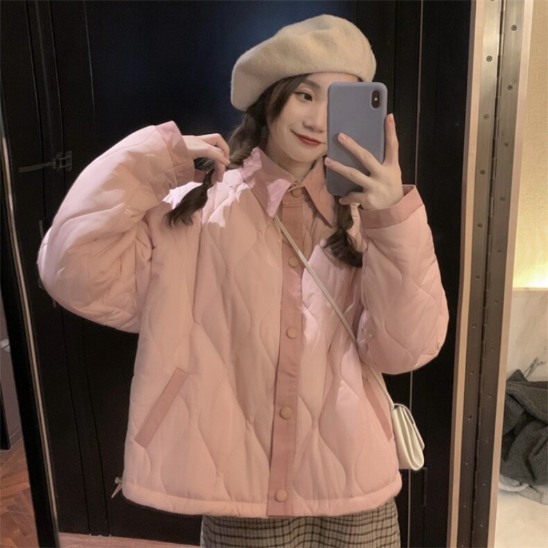 价！韩版宽松拼接翻领背后刺绣字母夹薄棉小个子棉衣,女装棉衣/棉服,潮品会