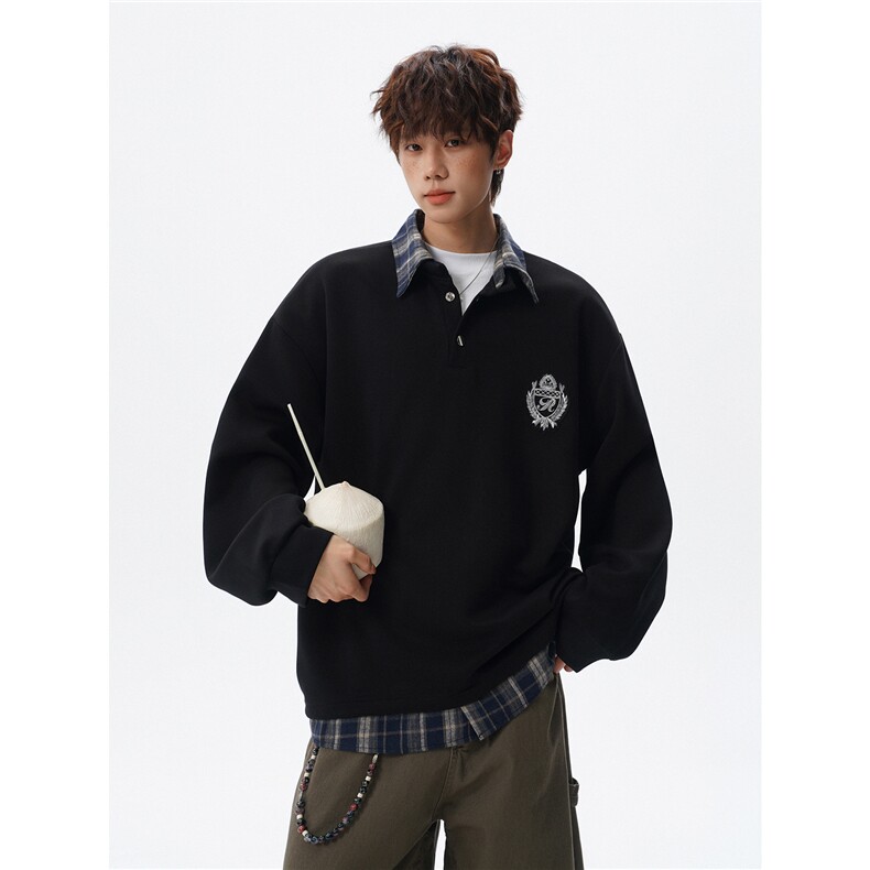 现货WY10207-特批40控78撞色拼接学院风假两件衬衫领男大码卫衣，男装衬衫，电商A059