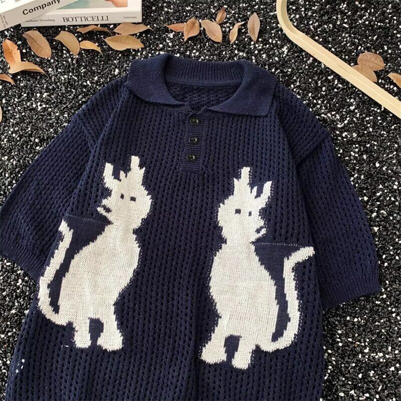 美式老钱趣味猫猫图案短袖针织衫无品牌新款慵懒简约文艺ins潮流,男装Polo衫,星座601-1