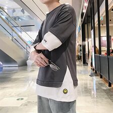 A003-HT002-P20夏季新款黄色笑脸假两件休闲短袖T恤1港仔风，男装T恤，电商A003