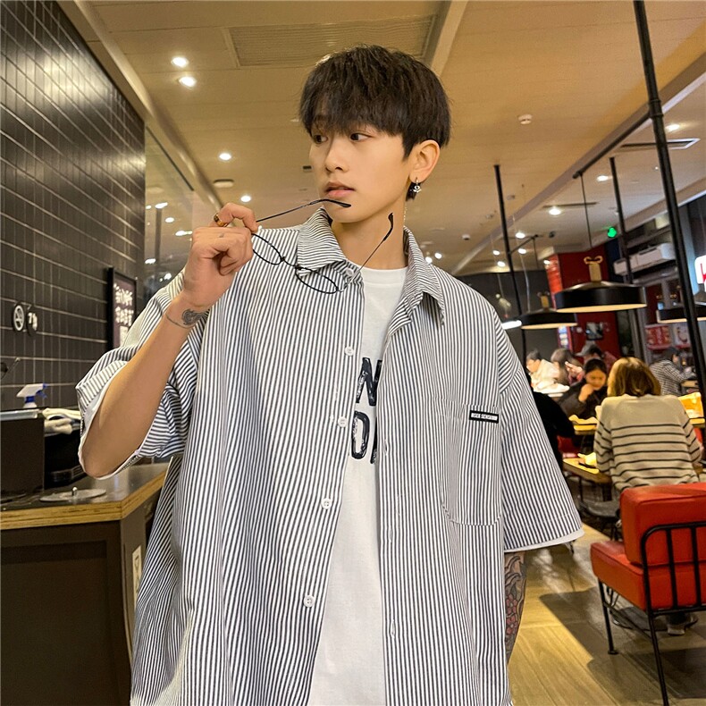 港风夏装2025新款短袖衬衫青少年男装半袖情侣衬衣HK14-P43领带3,男装T恤,电商A233-1